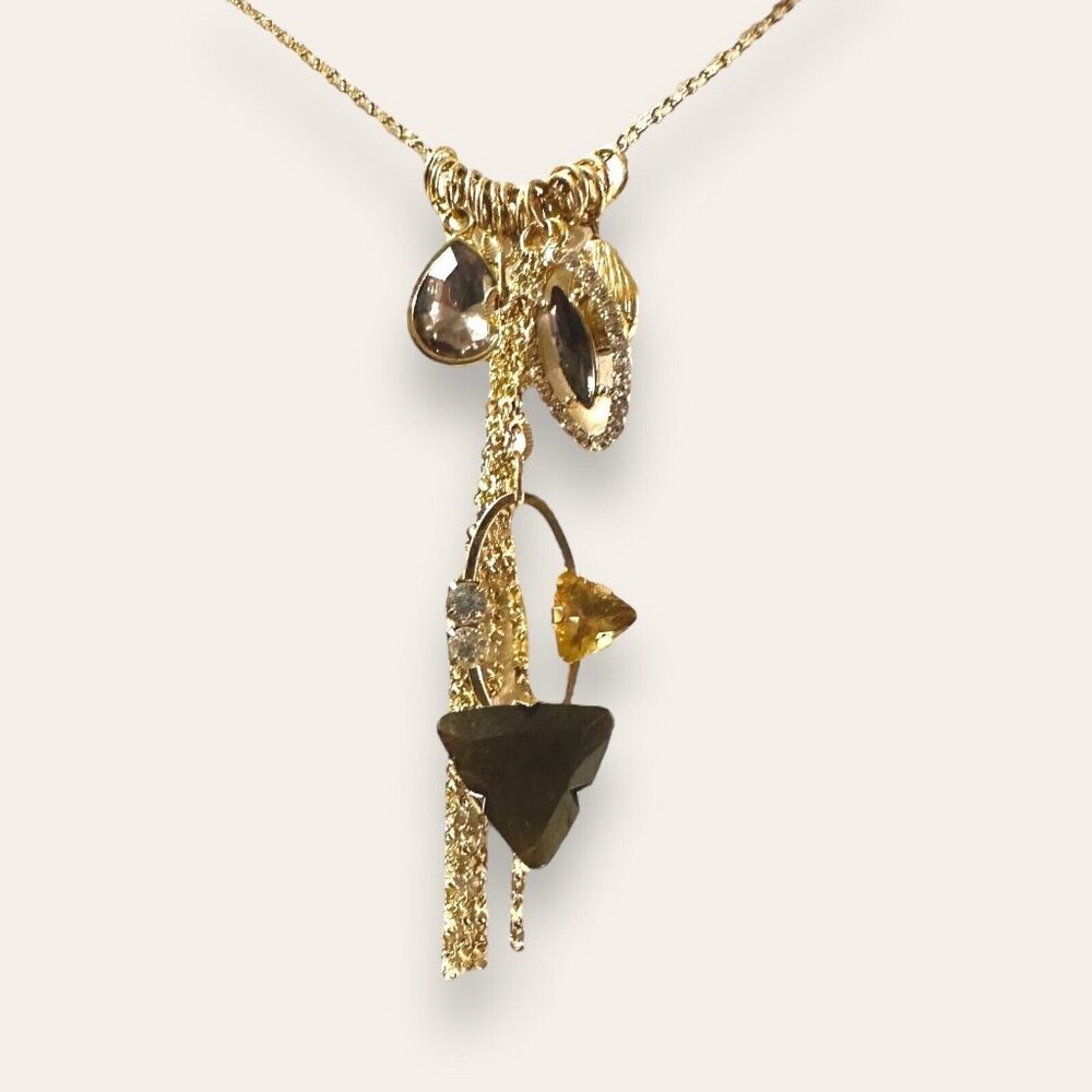 Gold-Tone Multi-Charm Necklace With Chain Tassel & Dangling Crystal Accents